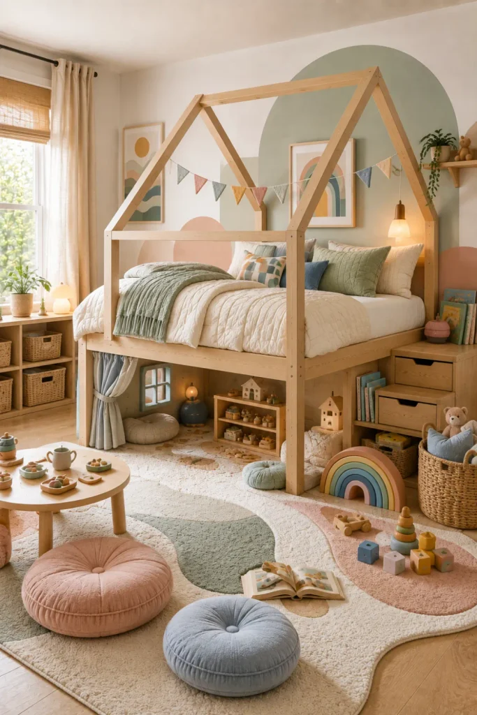 Modern house bed with a cozy children’s play zone, soft rug, cushions, wooden toys, organized storage, and colorful contemporary decor.