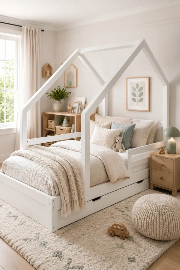 Bright white house bed styled with beige, cream, and soft gray bedding in a chic contemporary kids’ bedroom with airy modern decor.