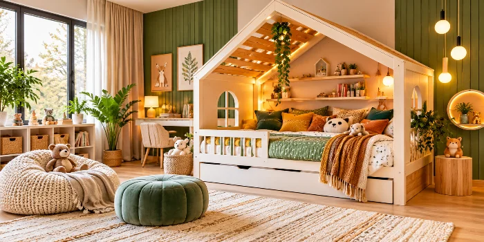 Modern house bed ideas for stylish kids’ rooms featuring a white house-frame bed, sage green bedding, warm wooden accents, cozy textures, and playful bedroom decor.