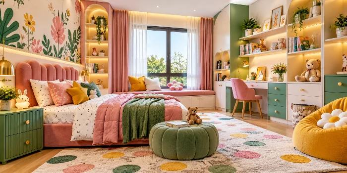 Modern kids' room makeover ideas featuring a colorful pink and sage green bedroom, cozy bedding, playful wallpaper, organized toy shelves, a study desk, and fresh modern décor.