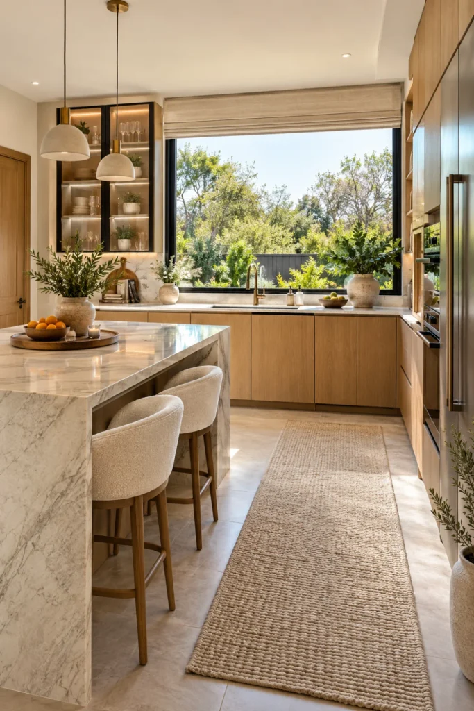Ultra-realistic modern kitchen featuring a dramatic black-framed picture window, warm oak cabinetry, cream surfaces, contemporary lighting, luxury decor, and abundant natural daylight.
