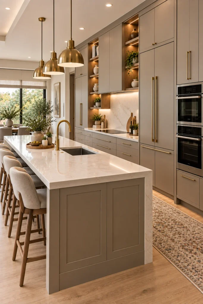 Contemporary kitchen with floor-to-ceiling built-in cabinets, integrated appliances, full-height storage, warm wood accents, stone counters, and modern lighting.