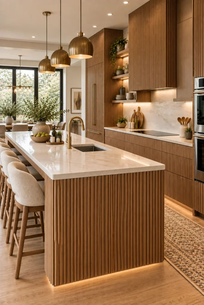 Modern luxury kitchen with fluted natural wood cabinetry, textured island panels, creamy stone counters, warm lighting, and refined contemporary decor.