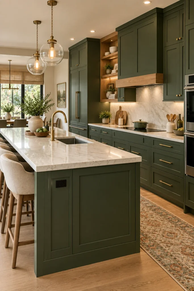 Luxury modern kitchen with deep forest green Shaker cabinets, warm wood accents, creamy stone counters, brass hardware, and layered lighting.