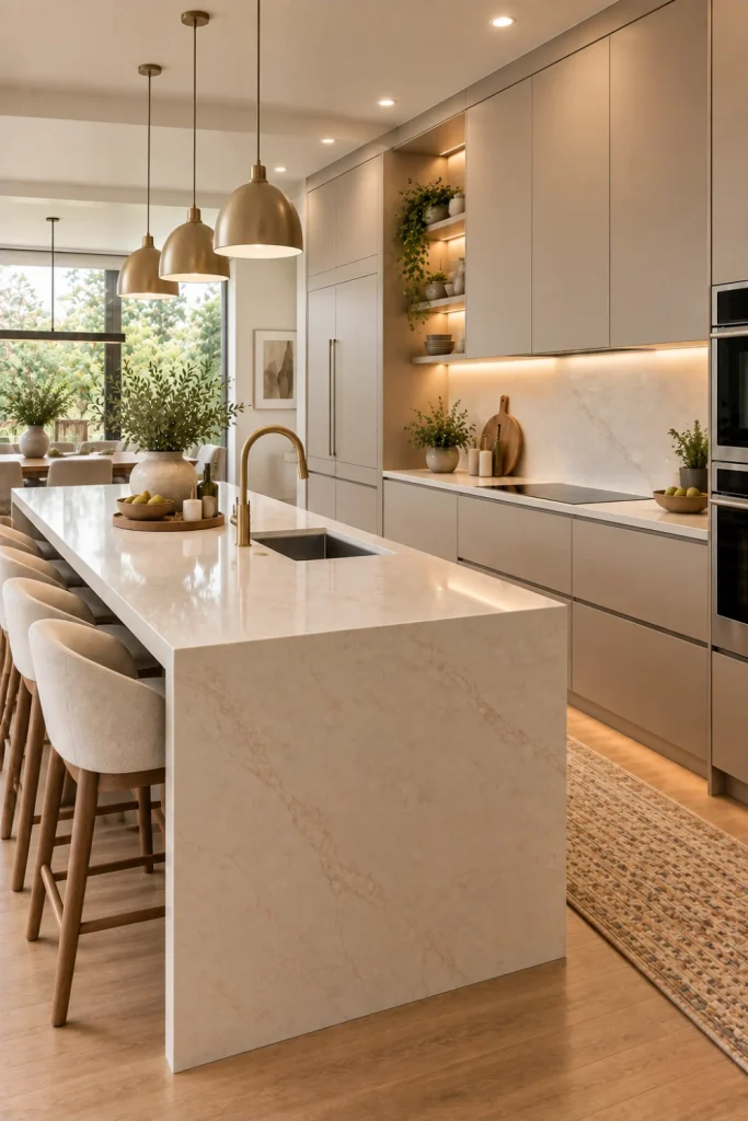 Sleek contemporary kitchen with handleless minimalist cabinets, integrated pulls, creamy stone counters, modern appliances, warm wood accents, and subtle lighting.