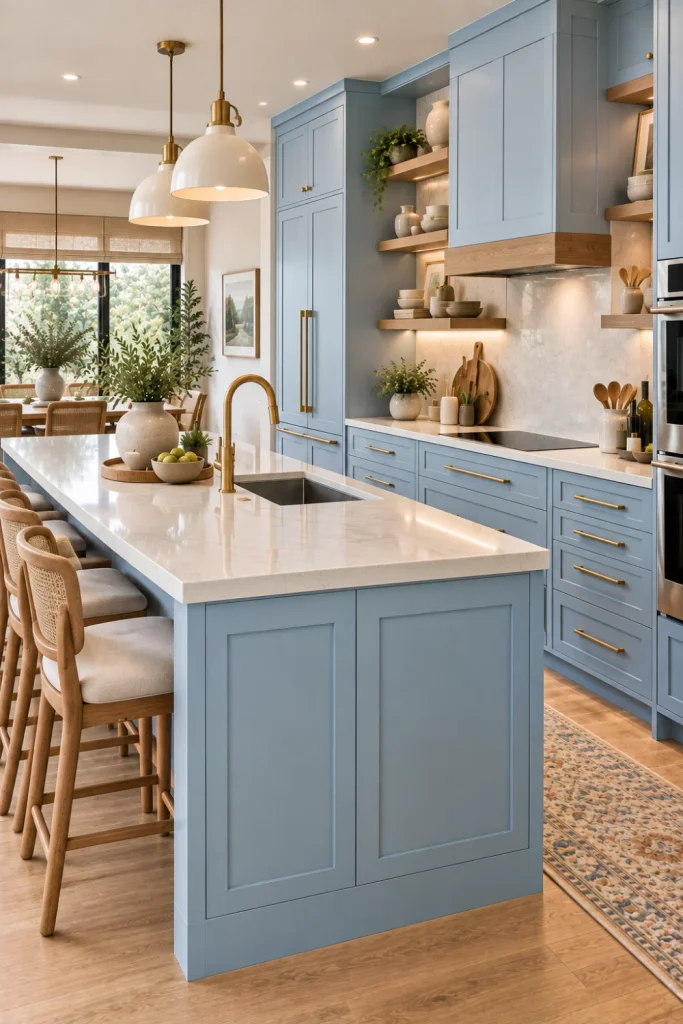 Airy contemporary kitchen with soft light blue cabinets, warm wood accents, creamy countertops, modern brass fixtures, and bright natural lighting.