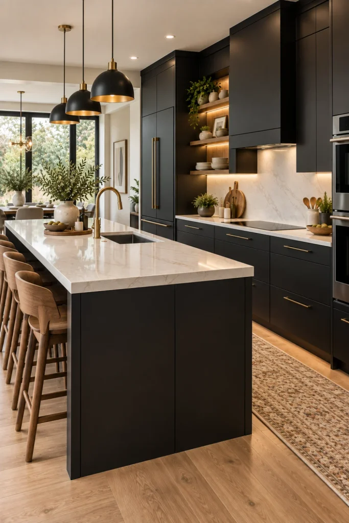 Modern luxury kitchen with matte black cabinets, creamy stone countertops, warm wood accents, brass fixtures, integrated lighting, and contemporary decor.