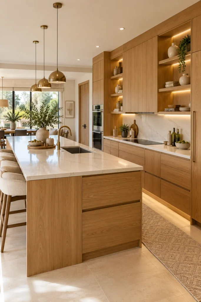 Modern kitchen with warm flat-panel natural oak cabinets, creamy quartz counters, contemporary appliances, layered lighting, and elegant neutral decor.