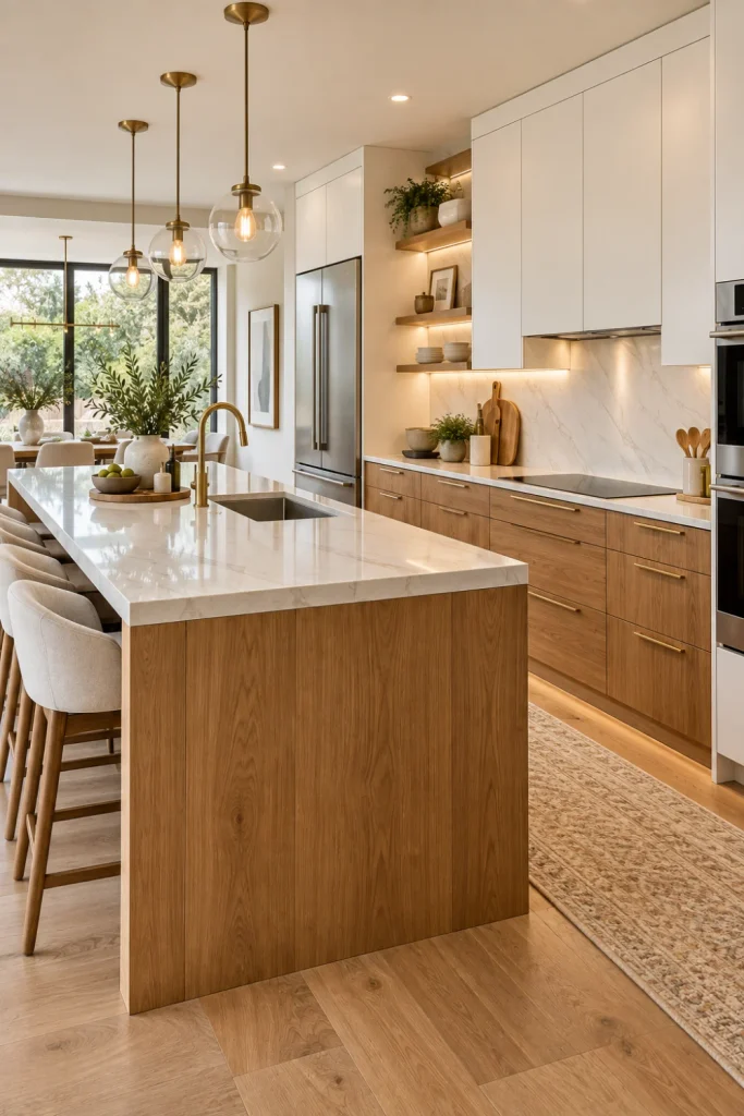 Stylish modern kitchen featuring crisp white upper cabinets, warm wood lower cabinets, a natural wood island, stone counters, and contemporary lighting.