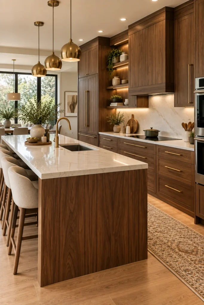 Luxurious modern kitchen with rich walnut cabinets, refined brass hardware, pale stone counters, warm lighting, and contemporary high-end finishes.