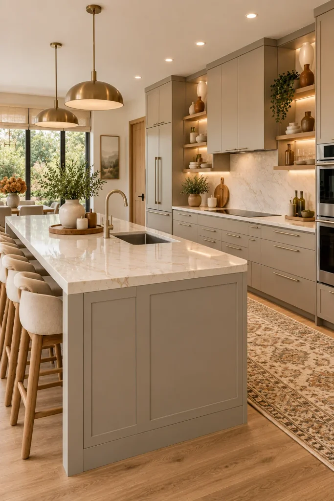 Sophisticated contemporary kitchen with warm greige cabinetry, creamy counters, natural wood accents, integrated lighting, and refined modern decor.
