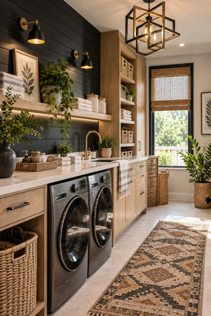 Bold modern laundry room with black shiplap wall, warm wood cabinetry, white ceiling, light flooring, geometric ceiling fixture, quartz counter, woven baskets, and contemporary decor.