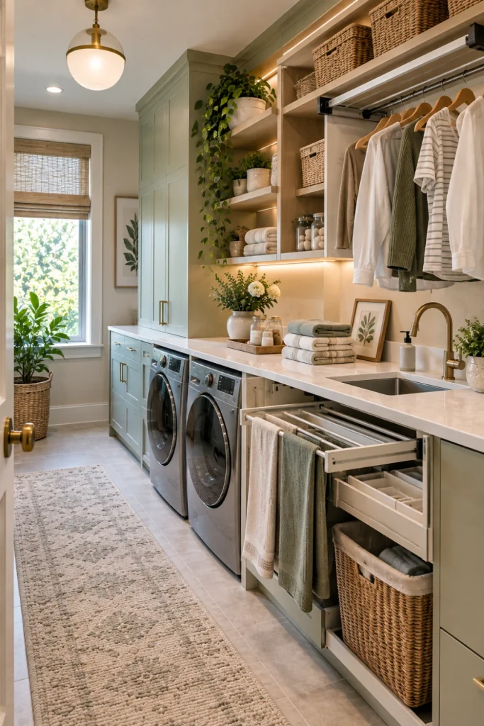 Modern laundry room with integrated folding counter, pull-out drying rack, hanging rail, sage cabinetry, warm oak details, woven baskets, LED lighting, and practical organized storage.