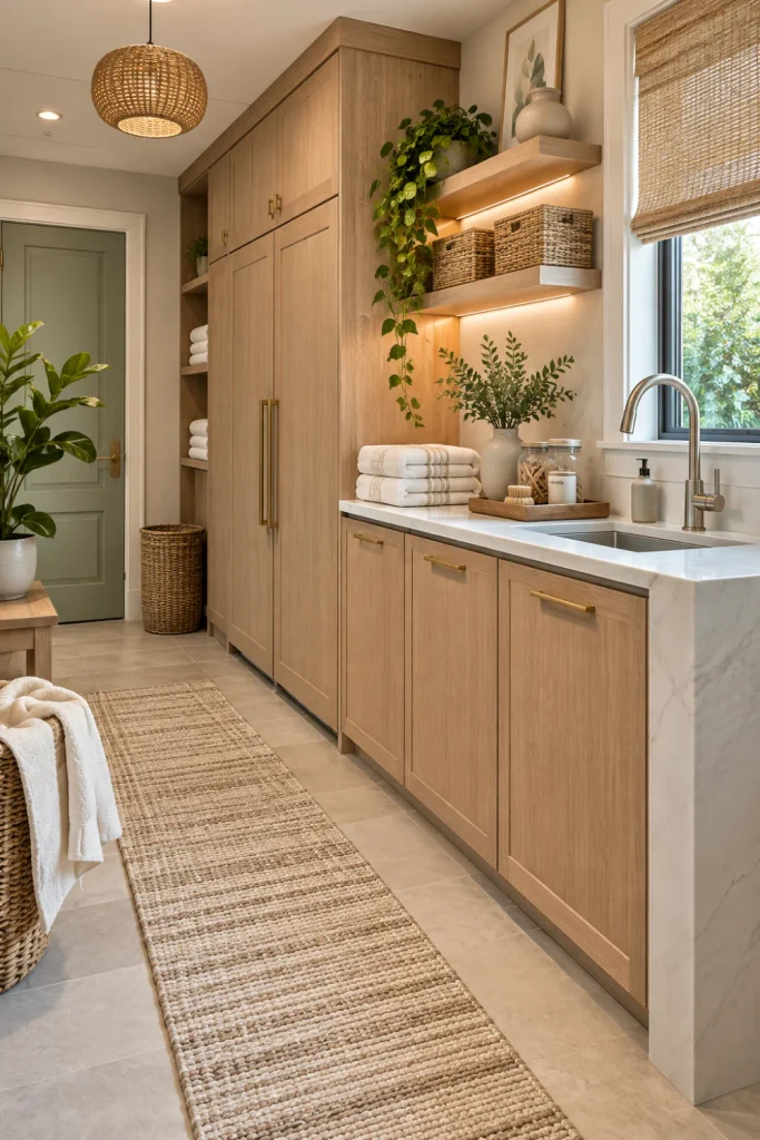 Modern laundry room with hidden washer and dryer behind custom warm wood cabinetry, quartz folding counter, elegant brass hardware, woven baskets, soft neutral styling, and layered contemporary lighting.