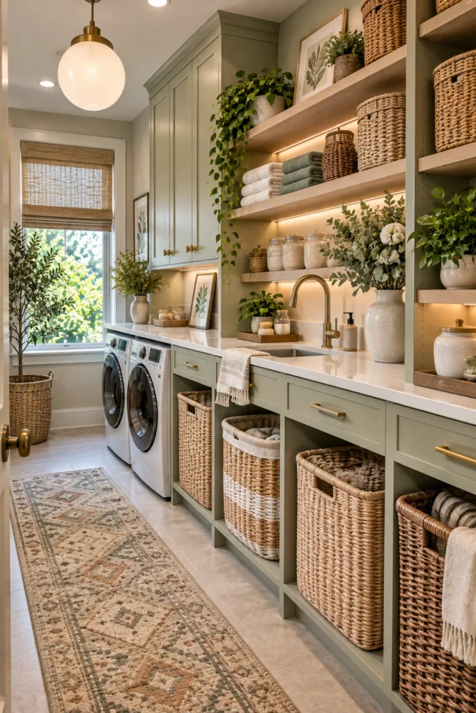 Stylish modern laundry room with sage painted pegboard, slim ledges, labeled ceramic jars, hook rails, framed art, warm oak cabinets, woven baskets, and contemporary lighting.