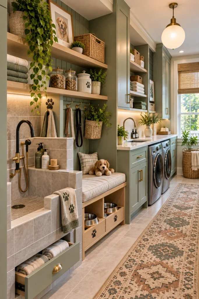 Modern multifunctional laundry room with built-in pet wash station, cozy pet bed, storage cubbies, bench, woven baskets, sage cabinets, durable tile, and contemporary lighting.