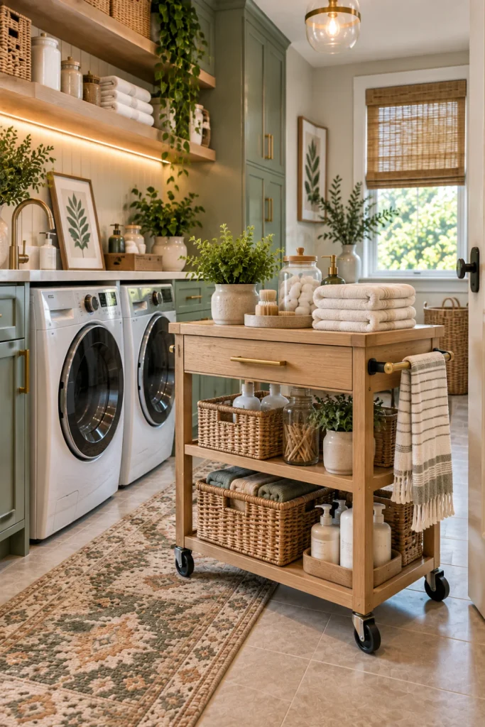 Modern laundry room with rubberwood-top rolling storage cart, lockable casters, drawer, shelves, side towel rack, sage cabinetry, quartz counter, woven baskets, and elegant lighting.
