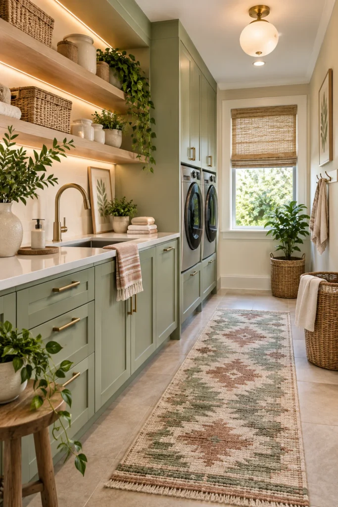 Spa-inspired modern laundry room with soft sage cabinetry, natural stone-look surfaces, warm wood accents, woven baskets, a patterned rug, an elegant faucet, and layered lighting.