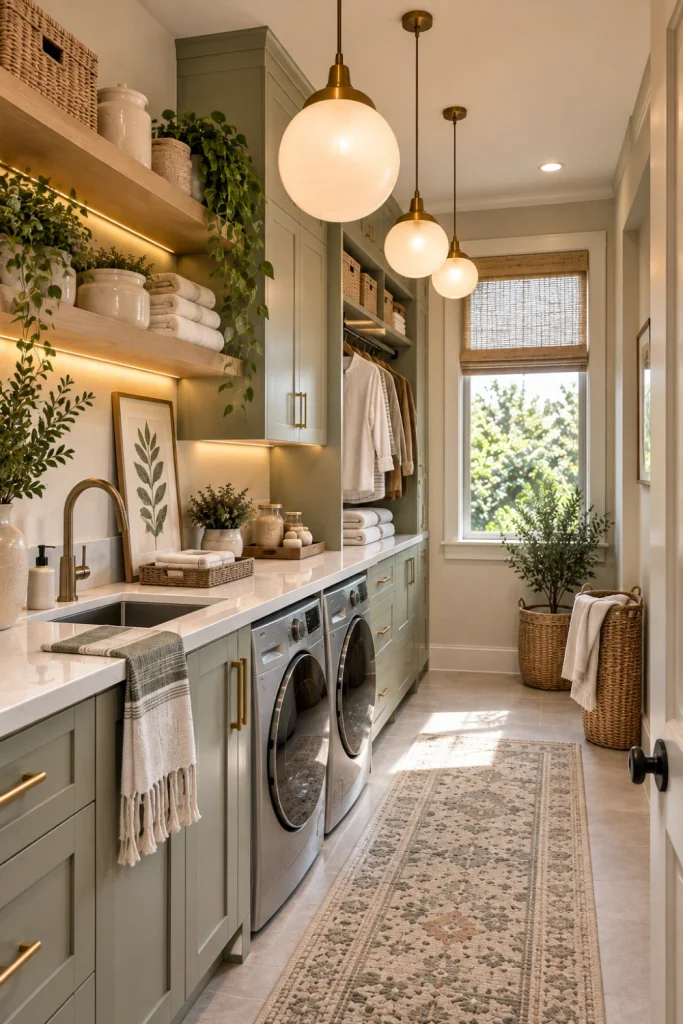 Chic modern laundry room with statement globe pendant, mini pendant accent lights, under-cabinet LEDs, warm oak cabinetry, sage accents, quartz counter, woven baskets, and elegant decorative styling.