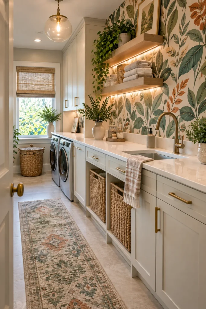 Contemporary laundry room featuring bold washable botanical wallpaper, white cabinetry, warm wood accents, quartz folding counter, woven storage baskets, patterned rug, and modern pendant lighting.