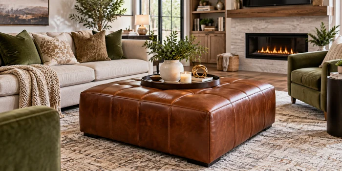 Modern cognac leather ottoman coffee table styled with a decorative tray in a cozy, elegant living room with neutral seating, greenery, fireplace, and warm wood accents.