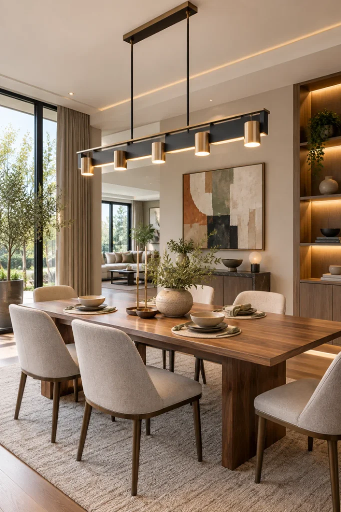 Modern linear chandelier above a sleek contemporary dining table in a sophisticated luxury dining room with warm wood, neutral textures, and elegant modern decor.
