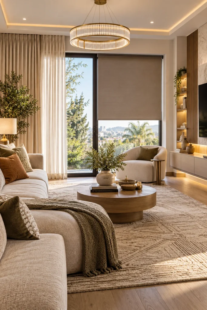 Modern minimalist living room comparing elegant curtains and sleek blinds with neutral furniture, layered textures, contemporary lighting, and luxury décor.