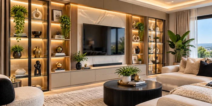 Modern living room with illuminated glass display cabinets, built-in shelving, elegant decor, warm lighting, and a stylish contemporary interior.