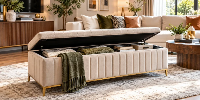 Modern living room bench with hidden smart storage, neutral upholstery, cozy decor, and stylish contemporary furniture.