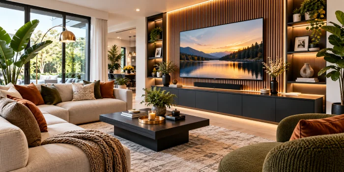 Modern living room with a stylish TV wall, warm LED lighting, wood slat panels, built-in shelving, neutral furniture, and contemporary decor.