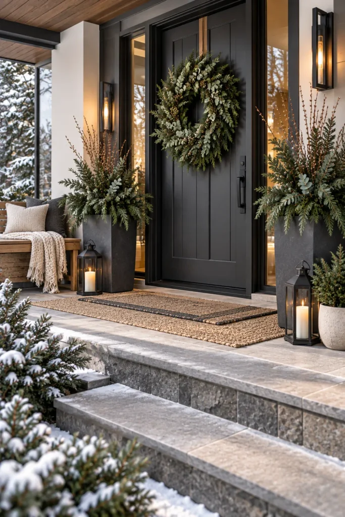 Modern minimalist winter porch with sculptural greenery, clean-lined planters, black accents, neutral textiles, and contemporary lantern lighting.