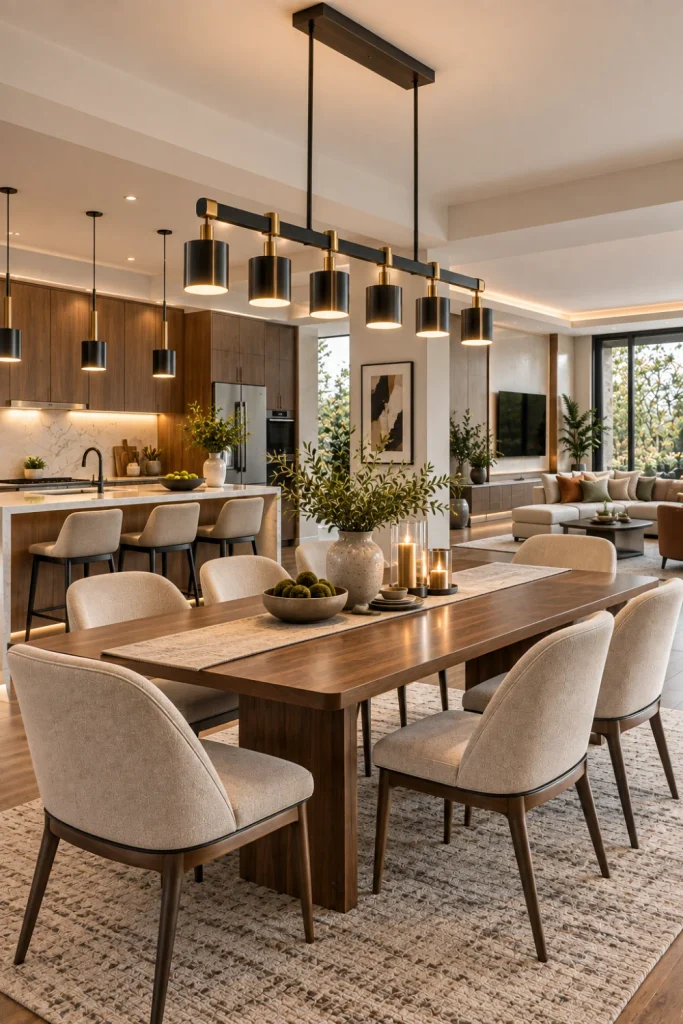 Modern multi-light chandelier illuminating an open contemporary dining area with a warm wood table, upholstered chairs, built-in cabinetry, and coordinated living room decor.
