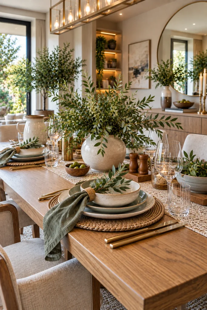 Modern natural greenery dining table setting with fresh branches, herbs, neutral ceramics, wood accents, glassware, and organic contemporary décor.