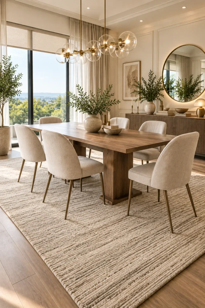 Modern neutral dining room with a beige textured rug, elegant wood dining table, contemporary chairs, natural lighting, and luxury decor.