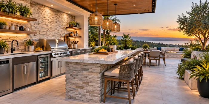 Modern outdoor kitchen with a stylish island, built-in grill, warm wood cabinetry, stone surfaces, lush landscaping, and an inviting patio setup.