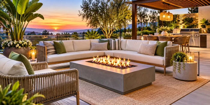 Modern outdoor patio furniture ideas featuring a luxury rattan sectional, fire table, elegant lighting, greenery, and a stylish outdoor kitchen overlooking a scenic sunset.
