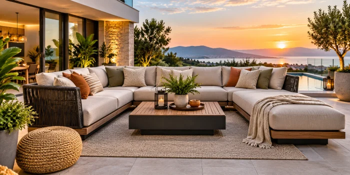Stylish outdoor modern sofa set on a patio with a fire pit, cozy seating, lush greenery, and a beautiful sunset view for modern outdoor living.