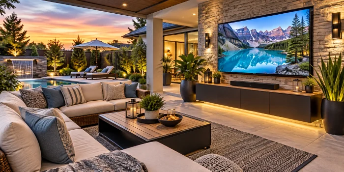 Modern outdoor television display with a sleek weather-resistant TV wall, cozy patio seating, warm lighting, and stylish landscaping.
