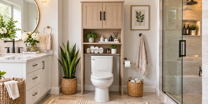 Modern over-the-toilet cabinet with sleek doors, warm wood accents, open shelving, and stylish bathroom storage in a bright contemporary space.