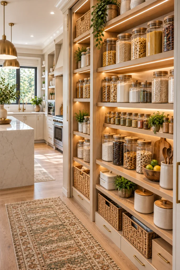 Modern open pantry displaying matching glass storage jars, labeled containers, organized dry ingredients, streamlined shelving, warm lighting, and contemporary kitchen finishes.