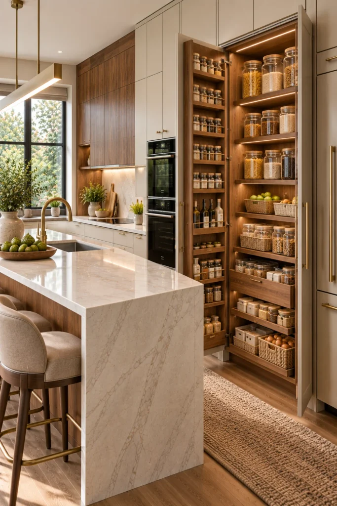 Modern pantry storage cabinets with organized pull-outs, labeled ingredients, warm lighting, and sleek contemporary kitchen cabinetry.