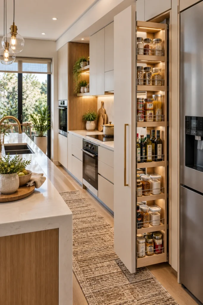 Small modern kitchen featuring a tall narrow pull-out pantry beside cream cabinetry, organized shelves of jars and ingredients, warm wood accents, bright natural light, and sleek contemporary finishes.