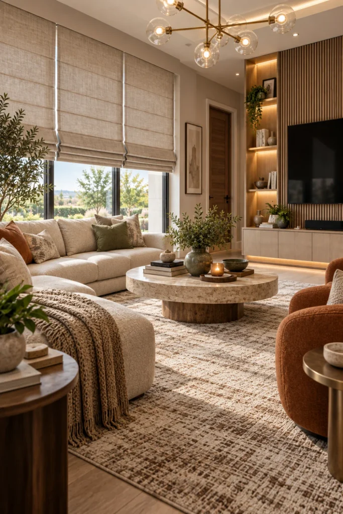 Modern Roman blinds in a sophisticated contemporary living room with tailored fabric shades, textured furnishings, elegant lighting, and warm luxury decor.