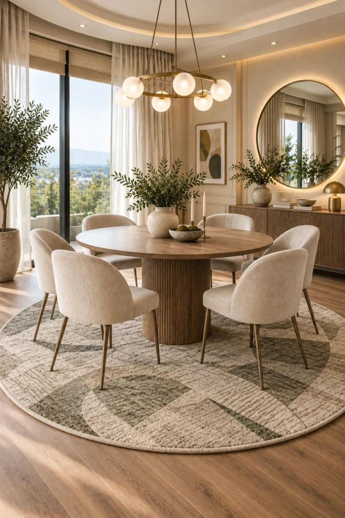 Modern round dining room rug beneath a circular dining table with elegant chairs, a sculptural pendant light, a mirror, and contemporary decor.