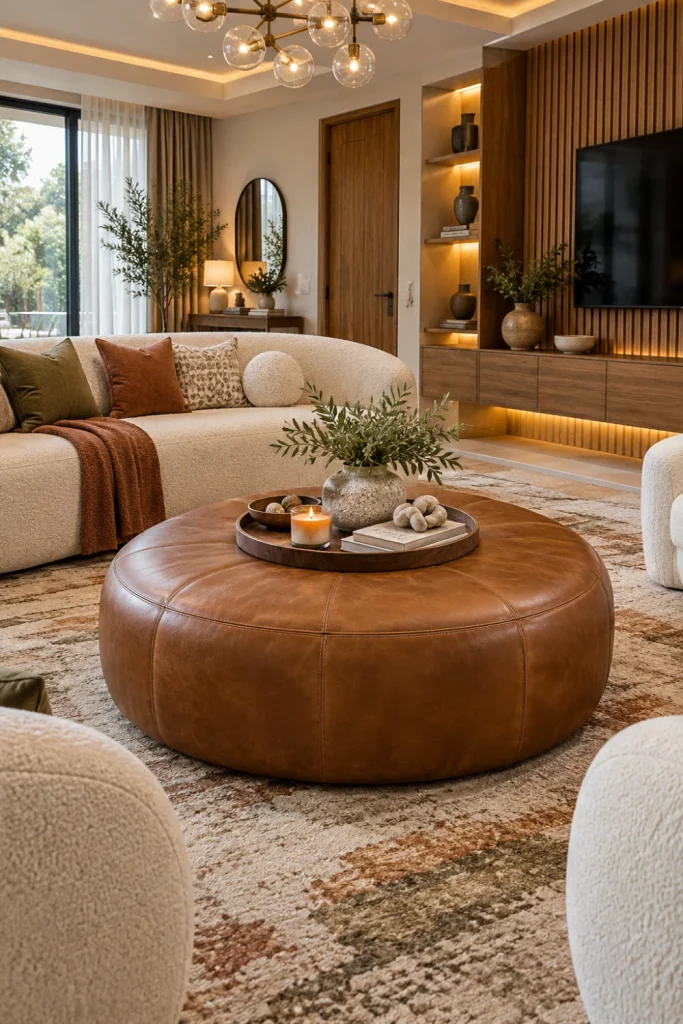 Modern rounded caramel leather ottoman coffee table centered in a luxurious cream and oak contemporary living room with boucle sofa, curved chairs, textured rug, fluted wood feature wall, wall-mounted TV, warm LED cabinetry, modern chandelier, and elegant decor.