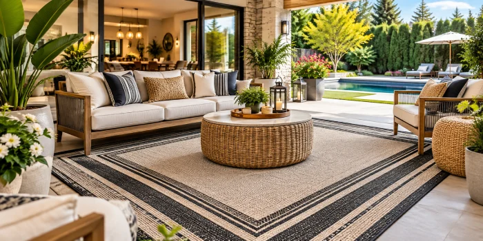 Modern rug ideas for stylish indoor and outdoor spaces featuring a vibrant contemporary rug, elegant furniture, natural textures, and a polished outdoor-inspired living area.