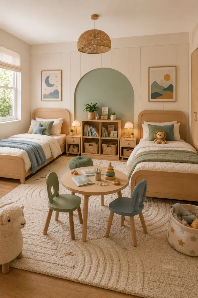 Modern shared kids’ bedroom with coordinated beds, individual storage, playful matching decor, natural wood, soft sage and dusty blue accents, and 2026 styling.