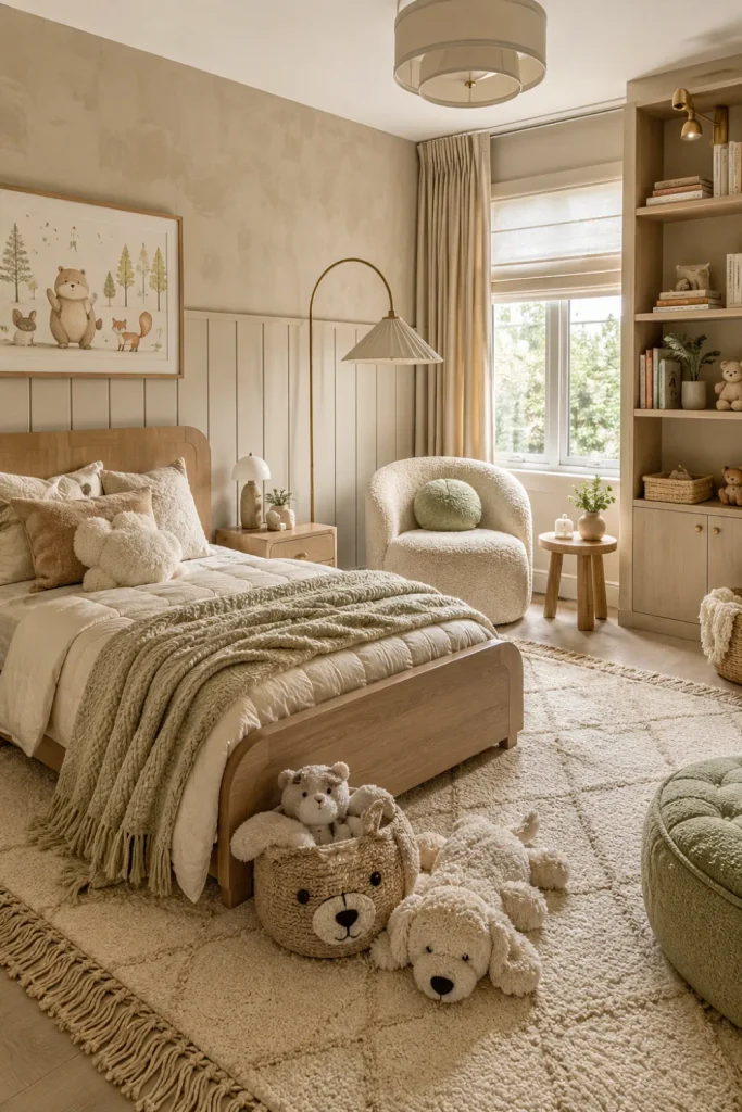 Soft, neutral, modern kids’ room with layered beige textures, light wood furniture, cozy bedding, woven storage, and contemporary 2026 decor.