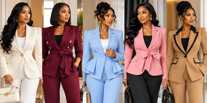 Modern tailored blazer sewing designs for women featuring elegant fitted blazers in cream, burgundy, pastel blue, pink, and camel, showcasing stylish contemporary tailoring ideas.