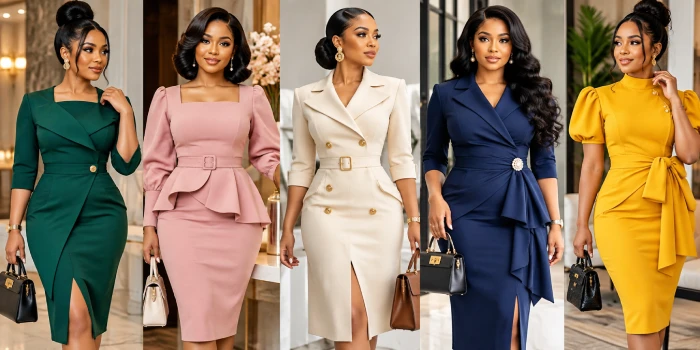 Modern tailored dress sewing ideas for elegant women featuring sophisticated fitted dresses, belted silhouettes, refined tailoring, and chic contemporary styling